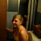 A low-resolution video clip featuring two similar scenes of a person with a camera barging into a bathroom to get a fleeting glimpse of a girl pooping on the toilet.